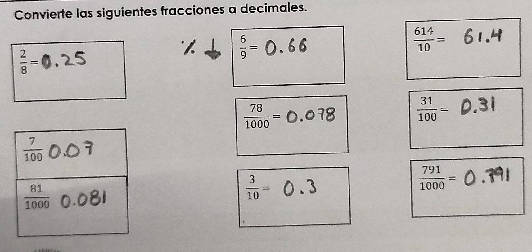 Convierte las siguientes fracciones a decimales.
 2/8 =
1
 6/9 =
 614/10 =
 78/1000 =
 31/100 =
 791/1000 =
 3/10 =