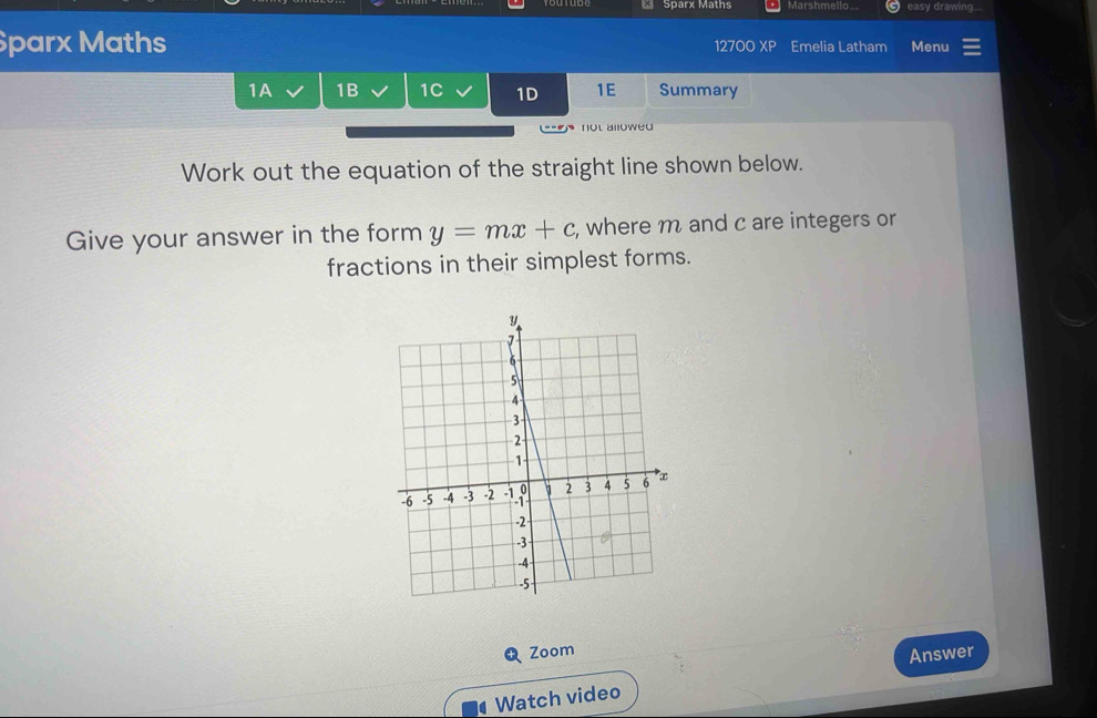 Sparx Maths Marshmello... a easy drawing..
parx Maths 12700 XP Emelia Latham Menu
1A 1B 1C 1D 1E Summary
not allowed
Work out the equation of the straight line shown below.
Give your answer in the form y=mx+c , where m and c are integers or
fractions in their simplest forms.
Zoom
Answer
Watch video