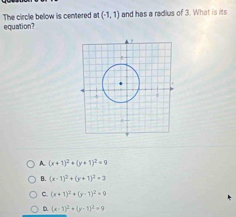 The circle below is centered at (-1,1) and has a radius of 3. What is its
equation?
A. (x+1)^2+(y+1)^2=9
B. (x-1)^2+(y+1)^2=3
C. (x+1)^2+(y-1)^2=9
D. (x-1)^2+(y-1)^2=9