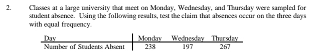 Classes at a large university that meet on Monday, Wednesday, and Thursday were sampled for 
student absence. Using the following results, test the claim that absences occur on the three days
with equal frequency.