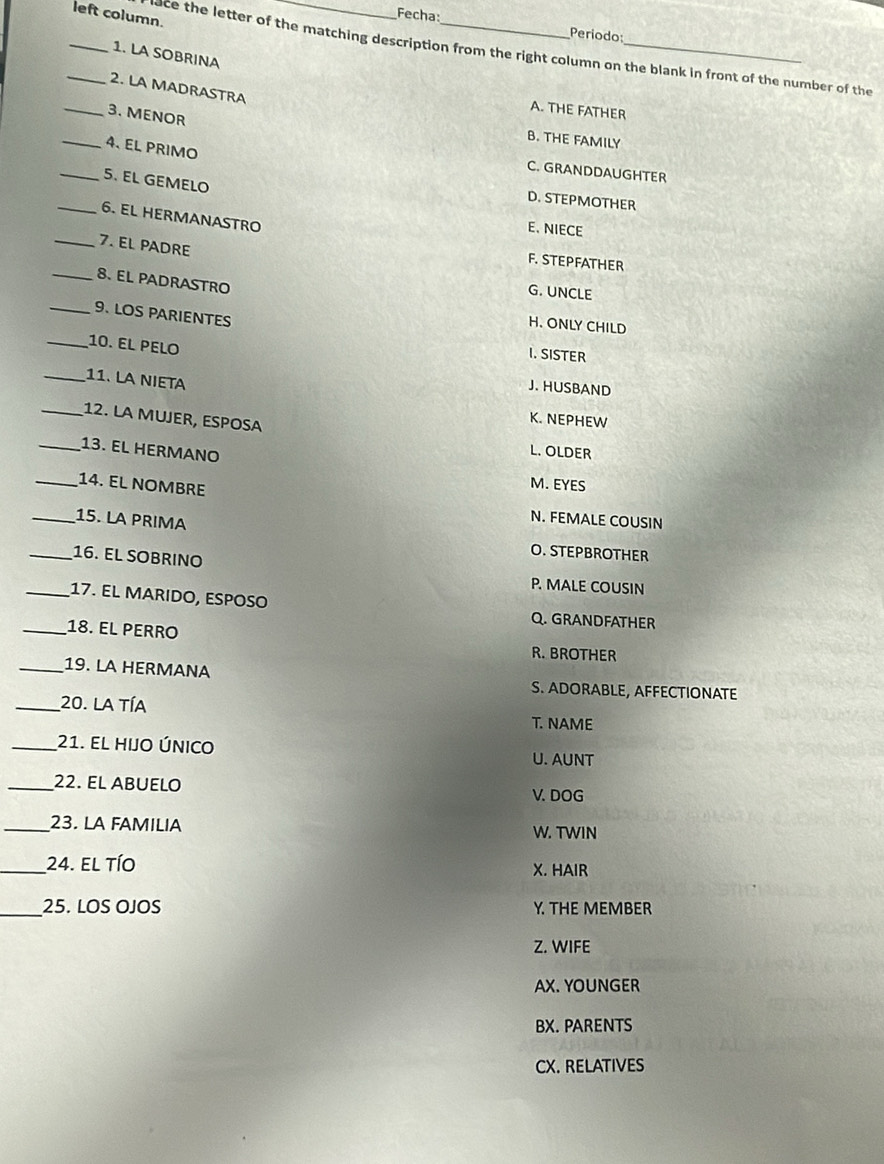 Fecha:
left column.
Periodo:
ace the letter of the matching description from the right column on the blank in front of the number of the
_1. LA SOBRINA
_2. LA MADRASTRA
A. THE FATHER
_3. MENOR
B. THE FAMILY
_4、 EL PRIMO
C. GRANDDAUGHTER
_5. EL GEMELO
D. STEPMOTHER
_6. EL HERMANASTRO
E、NIECE
_7. EL PADRE
F. STEPFATHER
_8. EL PADRASTRO
G. UNCLE
_9、LOS PARIENTES
H. ONLY CHILD
_1º. εl pELo
I. SISTER
_11. LA NIETA
J. HUSBAND
_12. LA MUJER, ESPOSA
K. NEPHEW
_13. EL HERMANO
L. OLDER
_14. EL NOMBRE
M. EYES
_15. LA PRIMA
N. FEMALE COUSIN
_16. EL SOBRINÖ
O. STEPBROTHER
P. MALE COUSIN
_17. EL MARIDO, ESPOSO Q. GRANDFATHER
_18. EL PERRO
R.BROTHER
_19. LA HERMANA S. ADORABLE, AFFECTIONATE
_20. La tía T. NAME
_21. El hIJo Único U. AUNT
_22. EL ABUELO
V. DOG
_23. LA FAMILIA W. TWIN
_24. el tío X. HAIR
_25. LOS OJOS Y. THE MEMBER
Z. WIFE
AX. YOUNGER
BX.PARENTS
CX. RELATIVES