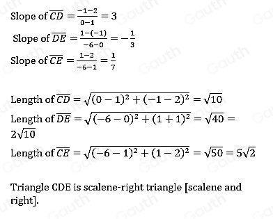 Slope of overline CD= (-1-2)/0-1 =3
Slope of overline DE= (1-(-1))/-6-0 =- 1/3 
Slope of overline CE= (1-2)/-6-1 = 1/7 
Length of overline CD=sqrt((0-1)^2)+(-1-2)^2=sqrt(10)
Length of overline DE=sqrt((-6-0)^2)+(1+1)^2=sqrt(40)=
2sqrt(10)
Length of overline CE=sqrt((-6-1)^2)+(1-2)^2=sqrt(50)=5sqrt(2)
Triangle CDE is scalene-right triangle [scalene and 
right].