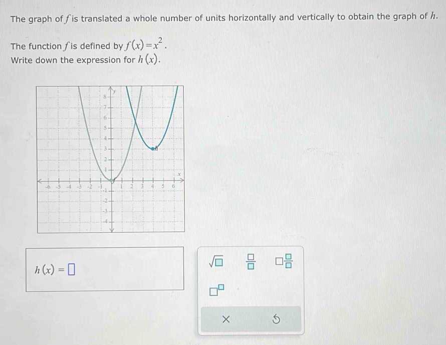 The graph of ∫is translated a whole number of units horizontally and vertically to obtain the graph of h. 
The function ∫is defined by f(x)=x^2. 
Write down the expression for h(x).
h(x)=□
sqrt(□ )  □ /□   □  □ /□  
_7^(□)
×