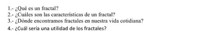 1.- ¿Qué es un fractal? 
2.- ¿Cuáles son las características de un fractal? 
3.- ¿Dónde encontramos fractales en nuestra vida cotidiana? 
4.- ¿Cuál sería una utilidad de los fractales?