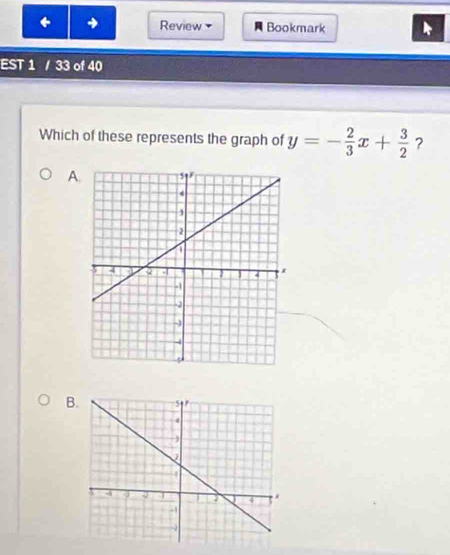 Review 
+ Bookmark 
EST 1 / 33 of 40 
Which of these represents the graph of y=- 2/3 x+ 3/2  ? 
A 
B