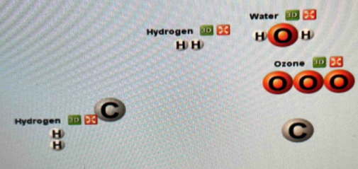 Water 
Hydrogen 1 H H
H H
Ozone 
Hydrogen
H