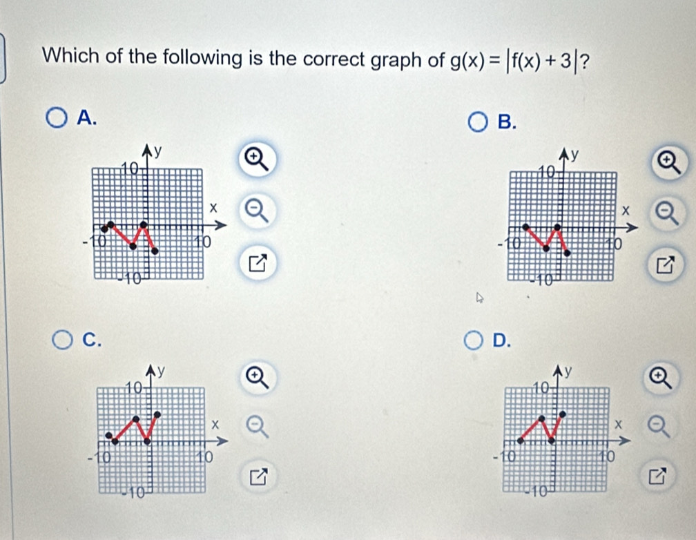 Which of the following is the correct graph of g(x)=|f(x)+3| ? 
A. 
B.
+

C. 
D.
y
a
10
-10 10
I
10