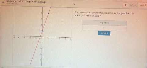 Ja racy Massay Graphing and Writing Slope-Intercept 
:: 
< S al 1s Next 》 
Can you come up with the equation for the graph to the 
left in  y=mx+b form? 
Equation
y=
Submit