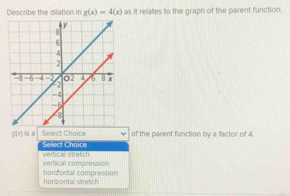 Describe the dilation in g(x)=4(x) as it relates to the graph of the parent function.
g(x) is a Select Choice of the parent function by a factor of 4.
Select Choice
vertical stretch
vertical compression
horizontal compression
horizontal stretch