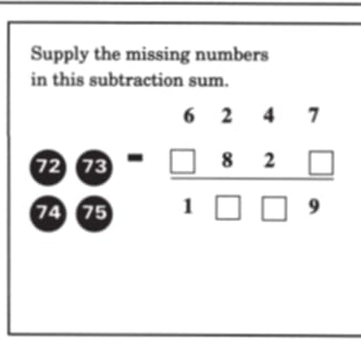 Supply the missing numbers 
in this subtraction sum.
beginarrayr 6247 0e7 □ 6 hline endarray