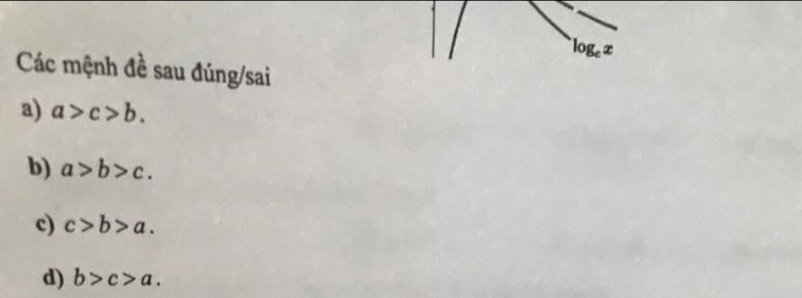 log _cx
Các mệnh đề sau đúng/sai
a) a>c>b.
b) a>b>c.
c) c>b>a.
d) b>c>a.