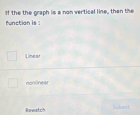 If the the graph is a non vertical line, then the
function is :
^□  Linear
nonlinear
Submit
Rewatch