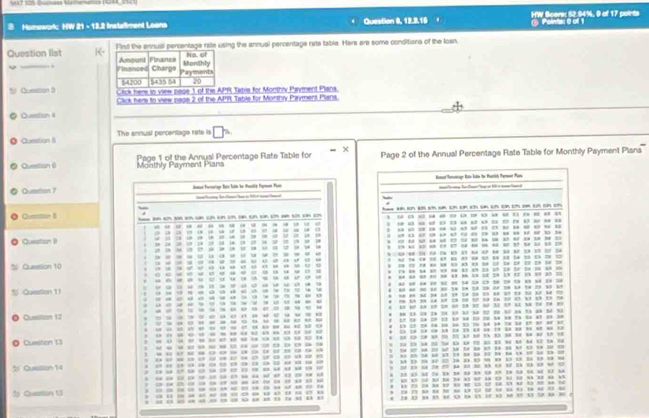 Homowor: HW 21 - 13.2 Instalment Leans Question 8, 12.2.16 . HW Score: 52.94%, 0 of 17 poirts Points: 0 of 1 
Question list ing the annual percentage rate table. Hars are some conditions of the losn. 
5 Quesstion D Cick here toR Tabia for Monthlv Payment Plans 
Click here to view paps 2 of the APR Table for Monthy Payment Plans. 
Quartion 4 
Question 8 The annual percentage rate is 
Question 6 Monthly Payment Pians Page 1 of the Annual Percentage Rate Table for Page 2 of the Annual Percentage Rate Table for Monthly Payment Piana 
Quesion 7 
0,—— a no u o o un o on o o o o 
- - - - 
-------------- 
--- 
Question ( 

e 
Qusssion 10 t t 
- 
… =  = = 
- - - 
* Quation 11 
Quesition 12 - 
= 
Quesition 13 
… 



Qusition 14 ” 
“ 

5 Quation U3 
- -