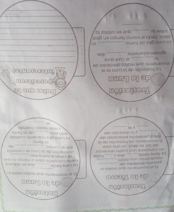 Rotación 
Traslación 
de la Luna 
de la Tierra Es el movimiento que realiza sobre su 
Es el movimiento que realiza el 
_ 
. 
planeta alrededor del _La Luna tarda _días en dar una 
describiendo una órbita _,. vuelta completa sobre sí misma, lo que 
La Tierra tarda _días y _horas se conoce como mes_ 
en completar una vuelta alrededor La rotación de la Luna es causada 
de 
del Sol, es decir, un año solar. por el campo la Tierra. 
El movimiento de traslación de la La Luna gira más lento cuando 
Tierra genera las estaciones del 
está más 
_y la duración del _de la Tierra 
_y la _y más rápido cuando 
se_ 
Traslación D a tos qu 
de la Luna parecieron 
La traslación de la Luna es el 
interesantes 
movimiento que realiza alrededor de_ 
_ 
la_ , el cual dura 
aproximadamente _dias._ 
_ 
_ 
La Luna gira de forma _, es 
_ 
decir, tarda el mismo tiempo en girar 
_ 
sobre su _que en orbitar la 
_ 
_, 
_ 
_ 
_