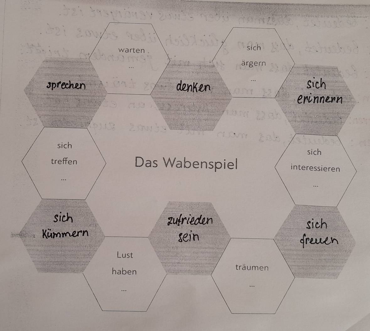 warten 
sich 
ärgern 
sprechen 
do 
sich 
treffen Das Wabenspiel 
sich zufrieden 
sich 
Kümmern 
sein 
Lust 
haben 
…