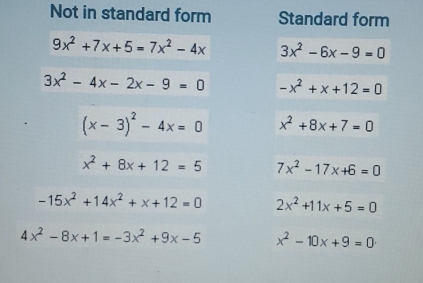 Not in standard form Standard form
9x^2+7x+5=7x^2-4x 3x^2-6x-9=0
3x^2-4x-2x-9=0 -x^2+x+12=0
(x-3)^2-4x=0 x^2+8x+7=0
x^2+8x+12=5 7x^2-17x+6=0
-15x^2+14x^2+x+12=0 2x^2+11x+5=0
4x^2-8x+1=-3x^2+9x-5 x^2-10x+9=0