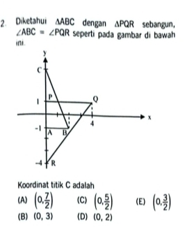 Diketahui △ ABC dengan △ PQR sebangun,
∠ ABC=∠ PQR seperti pada gambar di bawah 
Koordinat titik C adalah
(A) (0, 7/2 ) (C) (0, 5/2 ) (E) (0, 3/2 )
(B) (0,3) (D) (0,2)