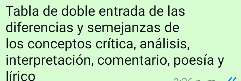 Tabla de doble entrada de las 
diferencias y semejanzas de 
los conceptos crítica, análisis, 
interpretación, comentario, poesía y 
lírico