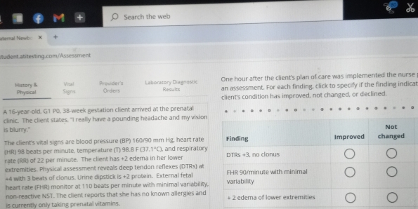 Search the web 
aternal Newb X + 
student.atitesting.com/Assessment 
Vital Provider's Laboratory Diagnostic One hour after the client's plan of care was implemented the nurse 
History & Signs Orders Results an assessment. For each finding, click to specify if the finding indicat 
Physical 
client's condition has improved, not changed, or declined. 
A 16 -year-old, G1 P0, 38-week gestation client arrived at the prenatal 
clinic. The client states. "I really have a pounding headache and my vision 
is blurry." 
The client's vital signs are blood pressure (BP) 160/90 mm Hg, heart rate 
(HR) 98 beats per minute, temperature (T) 98.8 F [ 7.1°C) , and respiratory 
rate (RR) of 22 per minute. The client has +2 edema in her lower 
extremities. Physical assessment reveals deep tendon reflexes (DTRs) at
+4 with 3 beats of clonus. Urine dipstick is +2 protein. External fetal 
heart rate (FHR) monitor at 110 beats per minute with minimal variability, 
non-reactive NST. The client reports that she has no known allergies and 
is currently only taking prenatal vitamins.