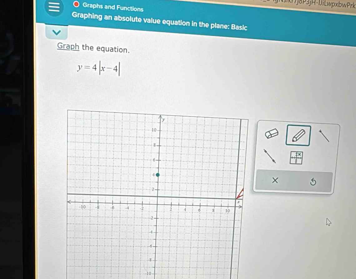 ikf7j8P3jH-DiLwpxbwPrk 
Graphs and Functions 
Graphing an absolute value equation in the plane: Basic 
Graph the equation.
y=4|x-4|
×
-10