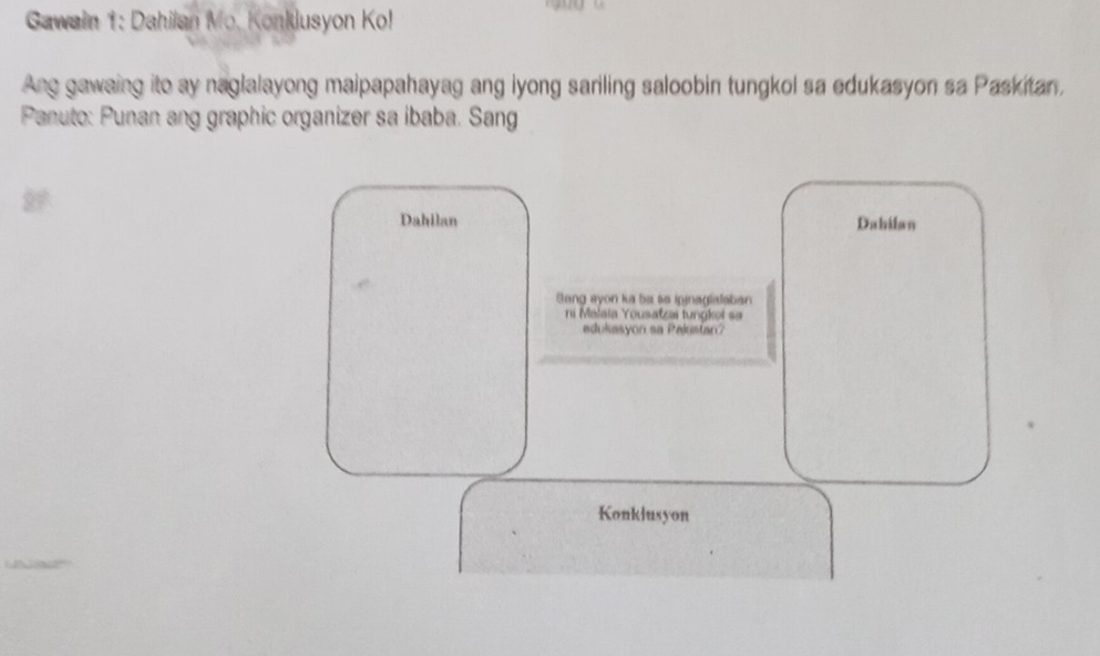 Gawain 1: Dahilan Mo. Konklusyon Ko! 
Ang gawaing ito ay naglalayong maipapahayag ang iyong sariling saloobin tungkol sa edukasyon sa Paskitan, 
Panuto: Punan ang graphic organizer sa ibaba. Sang 
Dahilan Dahilan 
Sang ayon ka ba sa ipinaglalaban 
ni Malaïa Yousafzai tungkoi sa 
edukasyon sa Palustan 
Konklusyon