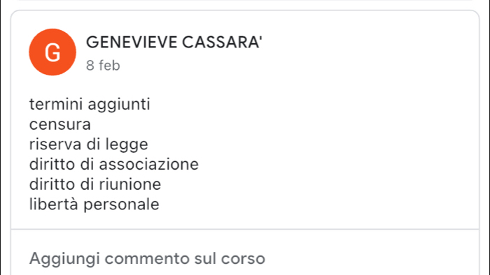 GENEVIEVE CASSARA'
8 feb
termini aggiunti
censura
riserva di legge
diritto di associazione
diritto di riunione
libertà personale
Aggiungi commento sul corso