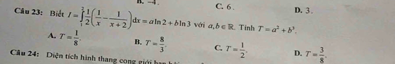 -4. C. 6.
D. 3.
Câu 23: Biết I=∈tlimits _1^(2frac 1)2( 1/x - 1/x+2 )dx=aln 2+bln 3 với a,b∈ R. Tinh T=a^2+b^3.
A. T= 1/8 . B. T= 8/3 . C. T= 1/2 . D. T= 3/8 . 
Câu 24: Diện tích hình thang cong giới hạn