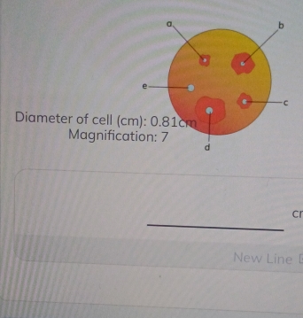 a、 
b 
。 
e 
e C 
Diameter of cell (cm): 0.81cm
Magnification: 7 
d 
cr 
_ 
_ 
New Line