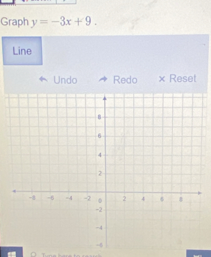 Graph y=-3x+9. 
Line 
Undo Redo × Reset