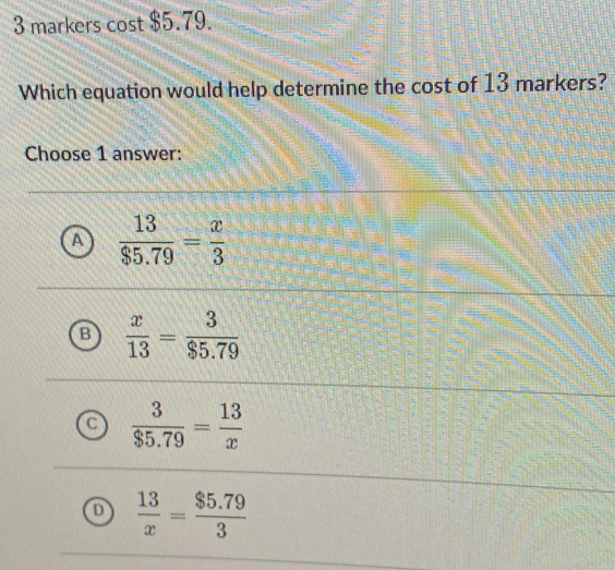 Solved: markers cost $5.79. Which equation would help determine the ...