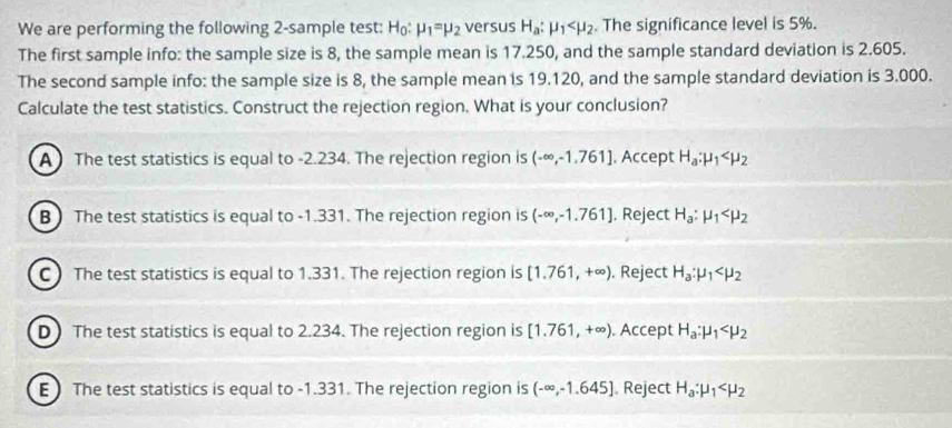 We are performing the following 2 -sample test: H_0:mu _1=mu _2 versus H_a:mu _1 . The significance level is 5%.
The first sample info: the sample size is 8, the sample mean is 17.250, and the sample standard deviation is 2.605.
The second sample info: the sample size is 8, the sample mean is 19.120, and the sample standard deviation is 3.000.
Calculate the test statistics. Construct the rejection region. What is your conclusion?
A The test statistics is equal to -2.234. The rejection region is (-∈fty ,-1.761]. Accept H_a:mu _1
B ) The test statistics is equal to -1.331. The rejection region is (-∈fty ,-1.761]. Reject H_a:mu _1
C The test statistics is equal to 1,331. The rejection region is [1.761,+∈fty ). Reject H_a:mu _1
D The test statistics is equal to 2.234. The rejection region is [1.761,+∈fty ). Accept H_a:mu _1
E The test statistics is equal to -1.331. The rejection region is (-∈fty ,-1.645] Reject H_a:mu _1