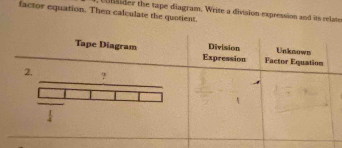 cnsider the tape diagram. Write a division expression and its relate
factor equation. Then calculate the quotient.
Tape Diagram Division Unknown
Expression Factor Equation
2.