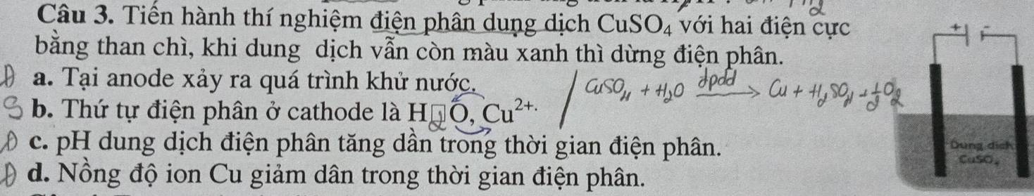 Tiến hành thí nghiệm điện phân dung dịch CuSO_4 với hai điện cực
bằng than chì, khi dung dịch vẫn còn màu xanh thì dừng điện phân.
a. Tại anode xảy ra quá trình khử nước.
b. Thứ tự điện phân ở cathode là H□ O,Cu^(2+.)
c. pH dung dịch điện phân tăng dần trong thời gian điện phân.
d. Nồng độ ion Cu giảm dân trong thời gian điện phân.