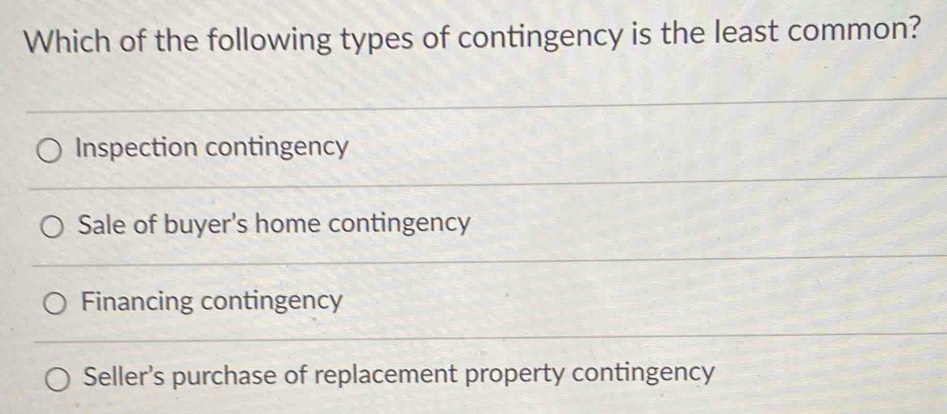 Which of the following types of contingency is the least common?
Inspection contingency
Sale of buyer's home contingency
Financing contingency
Seller's purchase of replacement property contingency