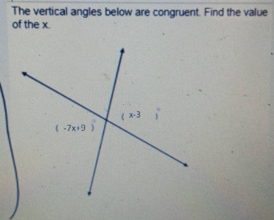 The vertical angles below are congruent. Find the value
of the x.