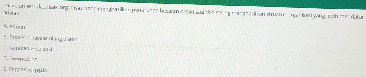 Versi restrukturisasi organisasi yang menghasilkan penurunan besaran organisasi dan sering menghasilkan struktur organisasi yang lebih mendatar
adalah
A. Kaizen
B. Proses rekayasa ulang bisnis
C. Gerakan ekselensi
D. Downisizing
E. Organisasi jejala