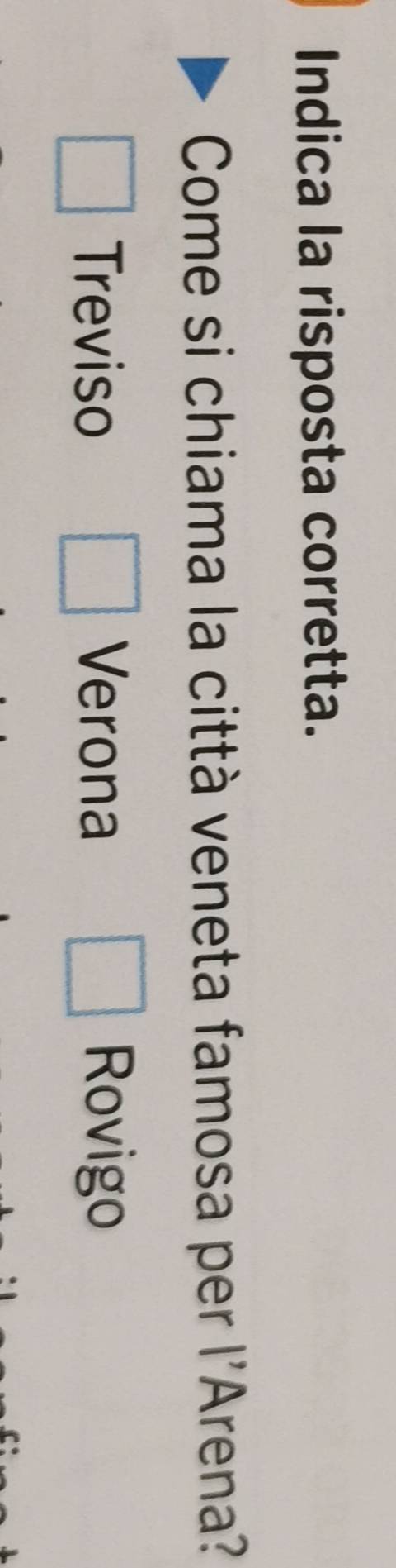 Indica la risposta corretta.
Come si chiama la città veneta famosa per l'Arena?
□  Treviso □ Verona Rovigo