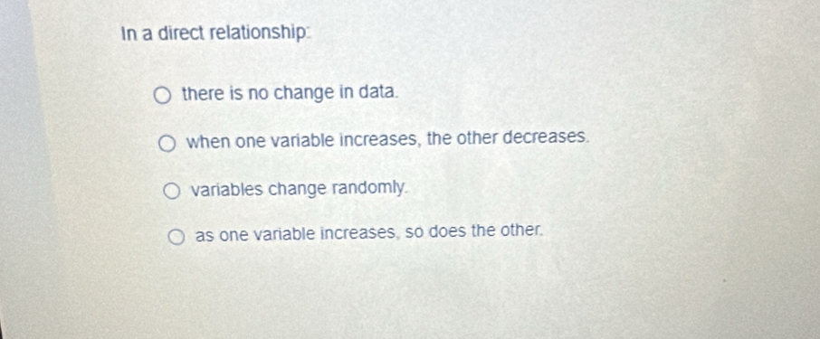 In a direct relationship:
there is no change in data.
when one variable increases, the other decreases.
variables change randomly.
as one variable increases, so does the other.