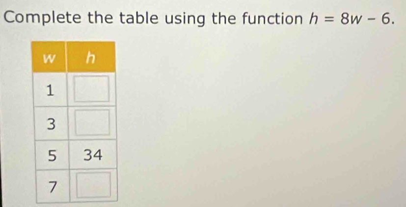 Complete the table using the function h=8w-6.