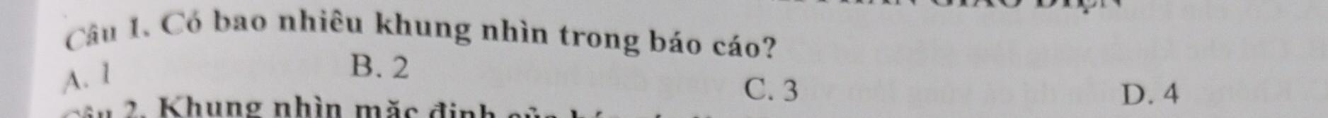 Có bao nhiêu khung nhìn trong báo cáo?
A. 1
B. 2
C. 3 D. 4
* 2 Khung nhìn mặc định