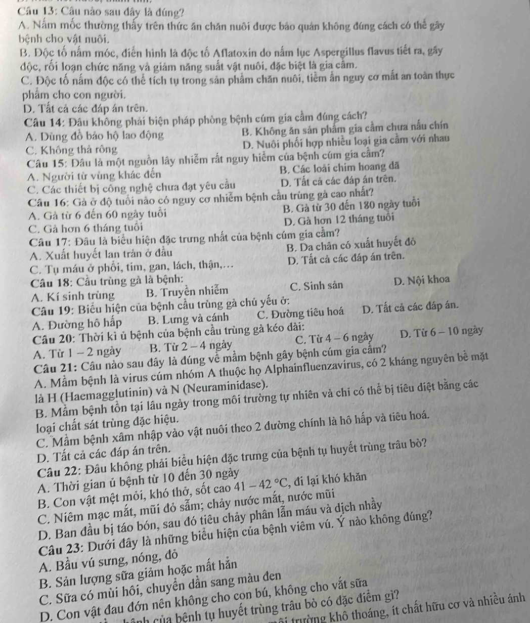 Câu nào sau đây là đúng?
A. Nấm mốc thường thấy trên thức ăn chăn nuôi được bảo quản không đúng cách có thể gây
bệnh cho vật nuôi.
B. Độc tố nấm móc, điển hình là độc tố Aflatoxin do nấm lục Aspergillus flavus tiết ra, gây
độc, rối loạn chức năng và giảm năng suất vật nuôi, đặc biệt là gia cảm.
C. Độc tố nấm độc có thể tích tụ trong sản phẩm chăn nuôi, tiềm ản nguy cơ mắt an toàn thực
phẩm cho con người.
D. Tất cả các đáp án trên.
Câu 14: Đâu không phải biện pháp phòng bệnh cúm gia cầm đúng cách?
A. Dùng đồ bảo hộ lao động B. Không ăn sản phẩm gia cầm chưa nấu chín
C. Không thả rồng D. Nuôi phối hợp nhiều loại gia cầm với nhau
Câu 15: Đâu là một nguồn lây nhiễm rất nguy hiểm của bệnh cúm gia cầm?
A. Người từ vùng khác đến B. Các loài chim hoang dã
C. Các thiết bị công nghệ chưa đạt yêu cầu D. Tất cả các đáp án trên.
Câu 16: Gà ở độ tuổi nào có nguy cơ nhiễm bệnh cầu trùng gà cao nhất?
A. Gà từ 6 đến 60 ngày tuổi B. Gà từ 30 đến 180 ngày tuổi
C. Gà hơn 6 tháng tuổi D. Gà hơn 12 tháng tuổi
Câu 17: Đâu là biểu hiện đặc trưng nhất của bệnh cúm gia cầm?
A. Xuất huyết lan trản ở đầu B. Da chân có xuất huyết đỏ
C. Tụ máu ở phối, tim, gan, lách, thận,... D. Tất cả các đáp án trên.
Câu 18: Cầu trùng gà là bệnh: D. Nội khoa
A. Kí sinh trùng B. Truyền nhiễm C. Sinh sản
Câu 19: Biểu hiện của bệnh cầu trùng gà chủ yếu ở:
A. Đường hô hấp B. Lưng và cánh C. Đường tiêu hoá D. Tất cả các đáp án.
Câu 20: Thời kì ủ bệnh của bệnh cầu trùng gà kéo dài:
A. Từ 1 - 2 ngày B. Từ 2 − 4 ngày C. Từ 4 - 6 ngày D. Từ 6 - 10 ngày
Câu 21: Câu nào sau đây là đúng về mầm bệnh gây bệnh cúm gia cầm?
A. Mầm bệnh là virus cúm nhóm A thuộc họ Alphainfluenzavirus, có 2 kháng nguyên bề mặt
là H (Haemagglutinin) và N (Neuraminidase).
B. Mẫm bệnh tồn tại lâu ngày trong môi trường tự nhiên và chỉ có thể bị tiêu diệt bằng các
loại chất sát trùng đặc hiệu.
C. Mầm bệnh xâm nhập vào vật nuôi theo 2 dường chính là hô hấp và tiêu hoá.
D. Tất cả các đáp án trên.
Câu 22: Đâu không phải biểu hiện đặc trưng của bệnh tụ huyết trùng trâu bò?
A. Thời gian ủ bệnh từ 10 đến 30 ngày
B. Con vật mệt mỏi, khó thở, sốt cao 41-42°C , đi lại khó khǎn
C. Niêm mạc mắt, mũi đỏ sẫm; chảy nước mắt, nước mũi
D. Ban đầu bị táo bón, sau đó tiêu chảy phân lẫn máu và dịch nhầy
Câu 23: Dưới đây là những biểu hiện của bệnh viêm vú. Ý nào không đúng?
A. Bầu vú sưng, nóng, đỏ
B. Sản lượng sữa giảm hoặc mất hẳn
C. Sữa có mùi hôi, chuyển dần sang màu đen
D. Con vật đau đớn nên không cho con bú, không cho vắt sữa
Lnh của bệnh tụ huyết trùng trâu bò có đặc điểm gì?
tôi trường khô thoáng, ít chất hữu cơ và nhiều ánh