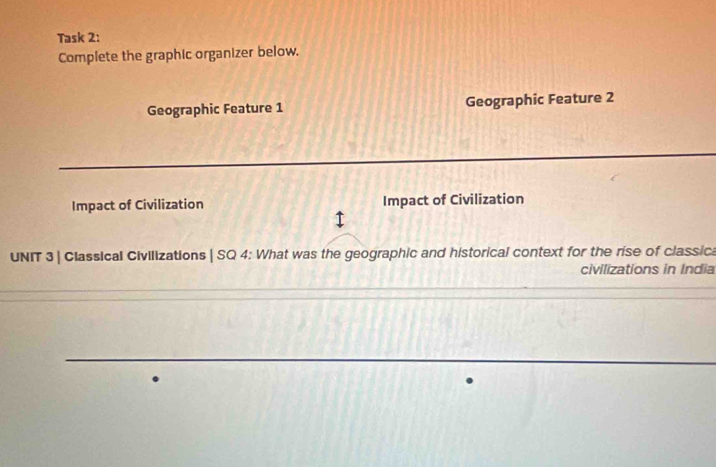 Task 2: 
Complete the graphic organizer below. 
Geographic Feature 1 Geographic Feature 2 
Impact of Civilization Impact of Civilization 
UNIT 3 | Classical Civilizations | SQ 4: What was the geographic and historical context for the rise of classica 
civilizations in India