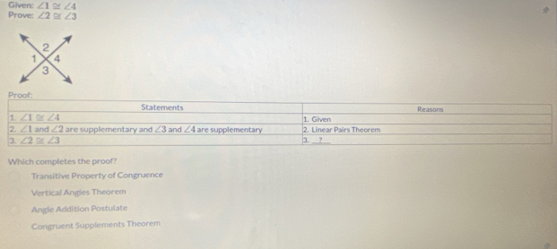 Given: ∠ 1≌ ∠ 4
Prove: ∠ 2≌ ∠ 3
Proof:
Which completes the proof?
Transitive Property of Congruence
Vertical Angles Theorem
Angle Addition Postulate
Congruent Supplements Theorem