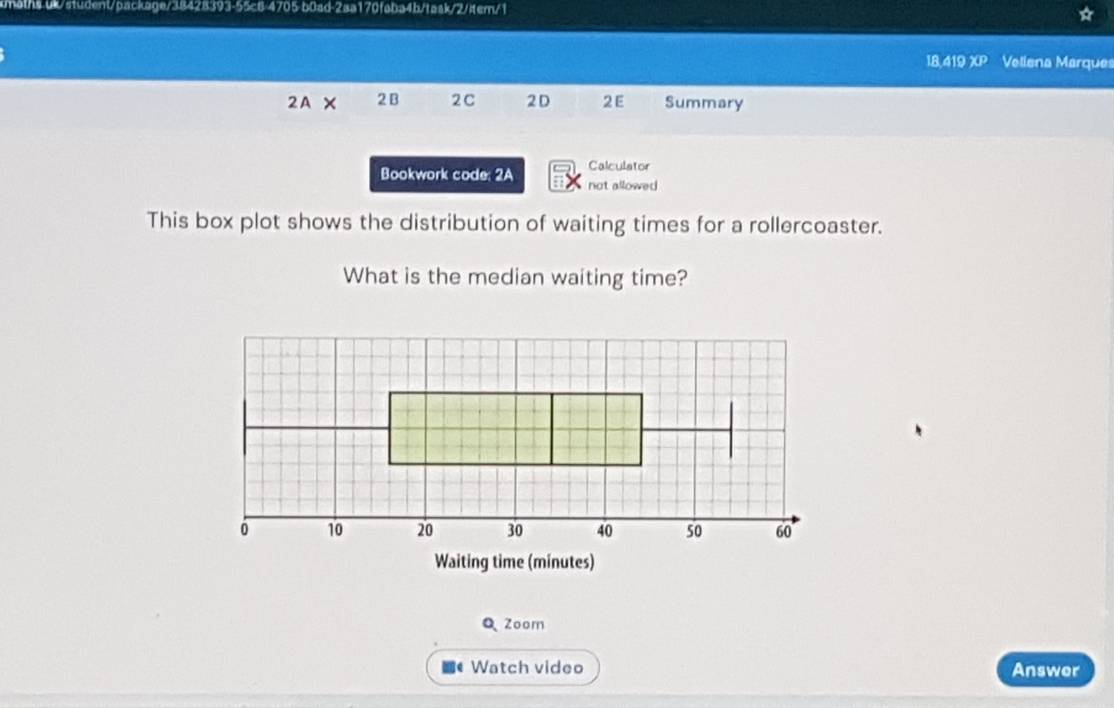maths.0k/student/package/38428393-55c8-4705-b0ad-2aa170faba4b/taak/2/tem/1 
18,419 XP Vellena Marques 
2A X 2 B 2C 2 D 2 E Summary 
Calculator 
Bookwork code: 2A not allowed 
This box plot shows the distribution of waiting times for a rollercoaster. 
What is the median waiting time? 
Waiting time (minutes) 
QZoom 
Watch video Answer