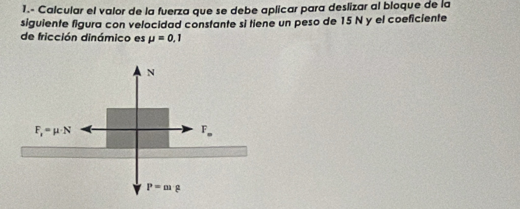 1.- Calcular el valor de la fuerza que se debe aplicar para deslizar al bloque de la
siguiente figura con velocidad constante si tiene un peso de 15 N y el coeficiente
de fricción dinámico es mu =0,1
N
F_e=mu · N
F_m
P=m· g