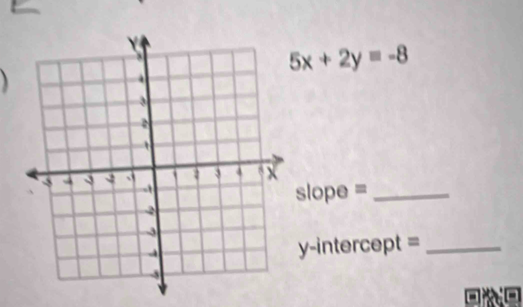 5x+2y=-8
) 
slope =_ 
y-intercept =_