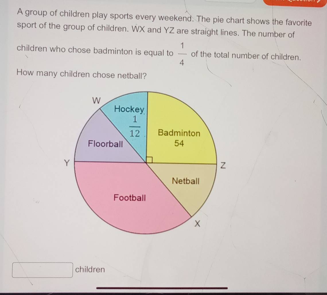 A group of children play sports every weekend. The pie chart shows the favorite
sport of the group of children. WX and YZ are straight lines. The number of
children who chose badminton is equal to  1/4  of the total number of children.
How many children chose netball?
^
□ children