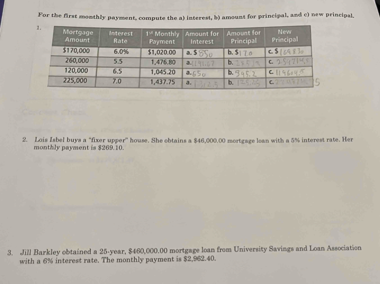 For the first monthly payment, compute the a) interest, b) amount for principal, and c) new principal.
2. Lois Isbel buys a “fixer upper” house. She obtains a $46,000.00 mortgage loan with a 5% interest rate. Her
monthly payment is $269.10.
3. Jill Barkley obtained a 25-year, $460,000.00 mortgage loan from University Savings and Loan Association
with a 6% interest rate. The monthly payment is $2,962.40.