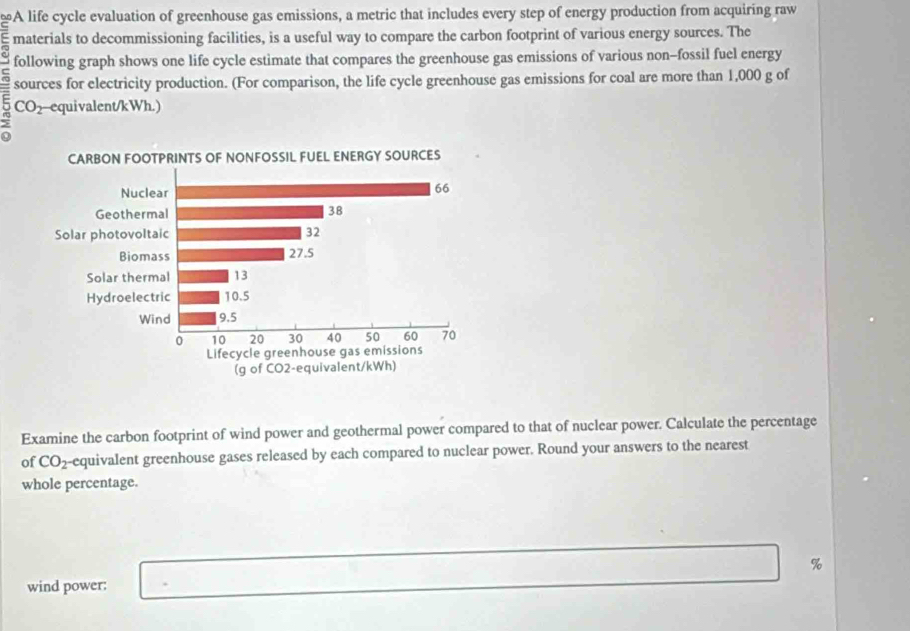 ≌A life cycle evaluation of greenhouse gas emissions, a metric that includes every step of energy production from acquiring raw 
= materials to decommissioning facilities, is a useful way to compare the carbon footprint of various energy sources. The 
following graph shows one life cycle estimate that compares the greenhouse gas emissions of various non-fossil fuel energy 
sources for electricity production. (For comparison, the life cycle greenhouse gas emissions for coal are more than 1,000 g of 
5 CO_2 equivalent/ kWh.) 
2 
Examine the carbon footprint of wind power and geothermal power compared to that of nuclear power. Calculate the percentage 
of CO_2 equivalent greenhouse gases released by each compared to nuclear power. Round your answers to the nearest 
whole percentage. 
wind power: