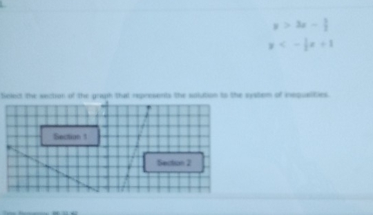 y>3x- 1/2 
y<- 1/2 x+1
Select the section of the graph that represents the solution to the system of inequaities